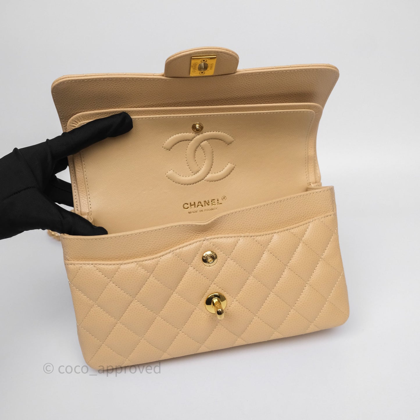 Chanel Small Classic Flap Quilted Beige Caviar Gold Hardware