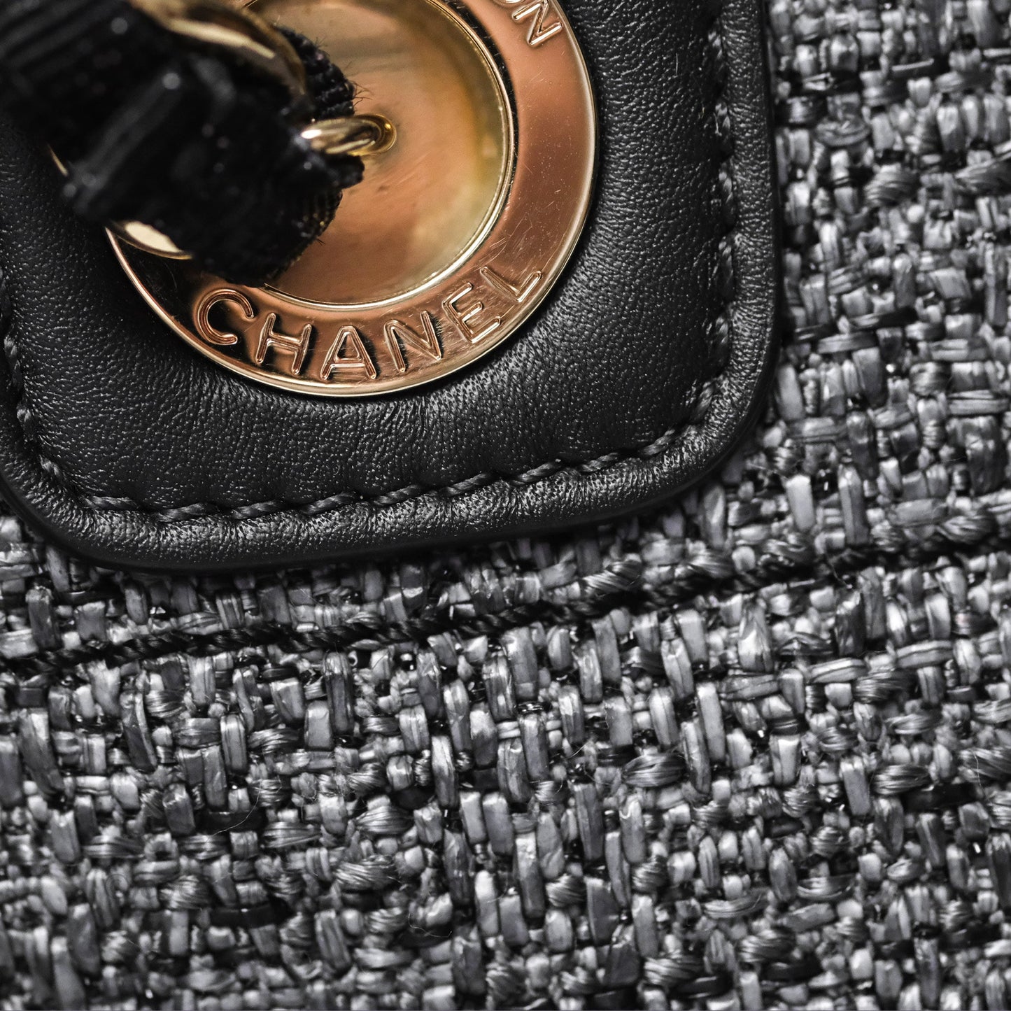 Chanel Large Deauville Glitter Black Grey Raffia Gold Hardware