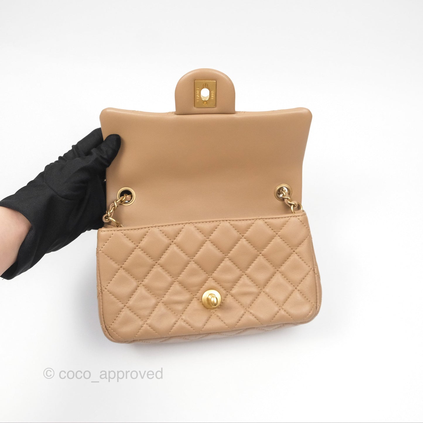 Chanel Mini Rectangular Pearl Crush Quilted Beige Lambskin Aged Gold Hardware