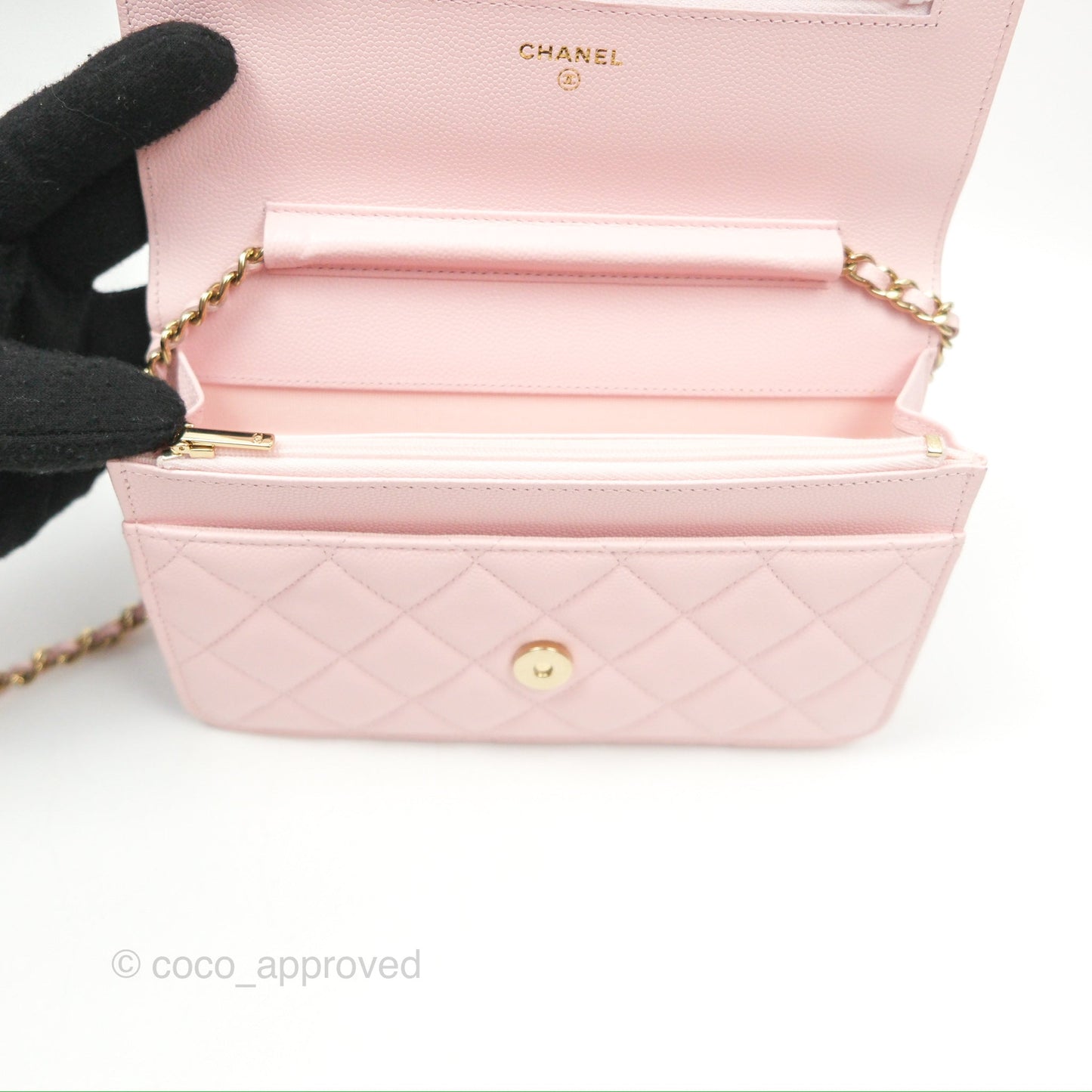 Chanel Quilted Classic Wallet On Chain WOC Pink Caviar Gold Hardware