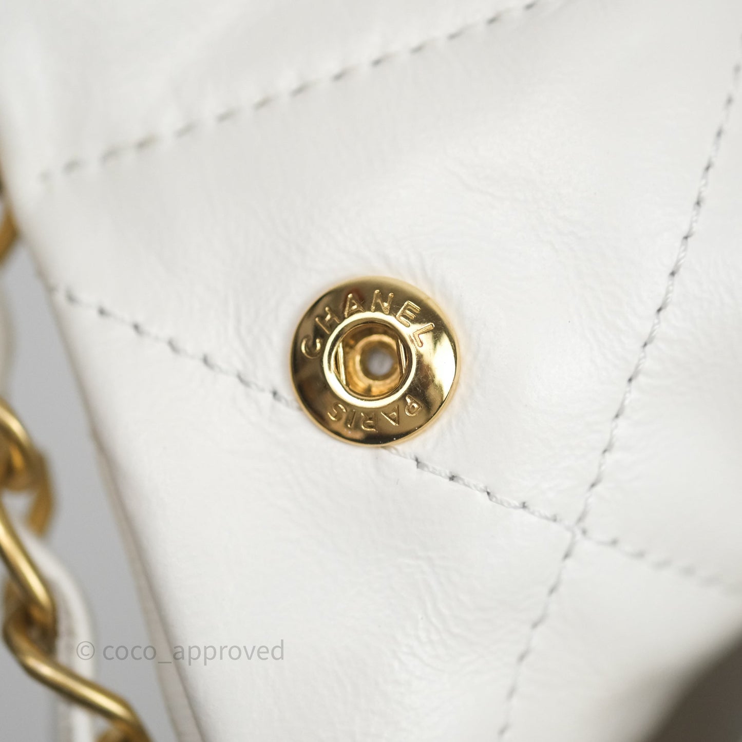 Chanel 22 Small White Aged Calfskin Black Logo Aged Gold Hardware