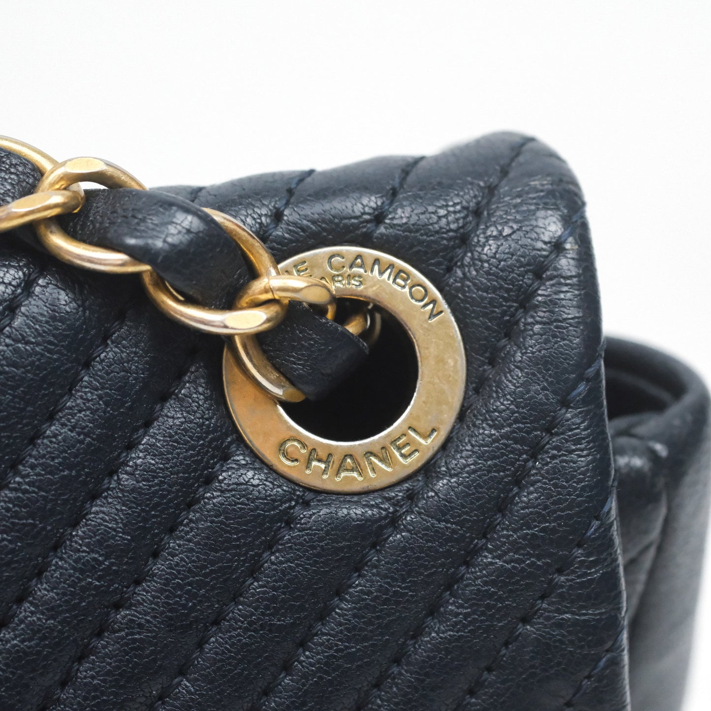 Chanel Medium Chevron Surpique Flap Navy Calfskin Aged Gold Hardware