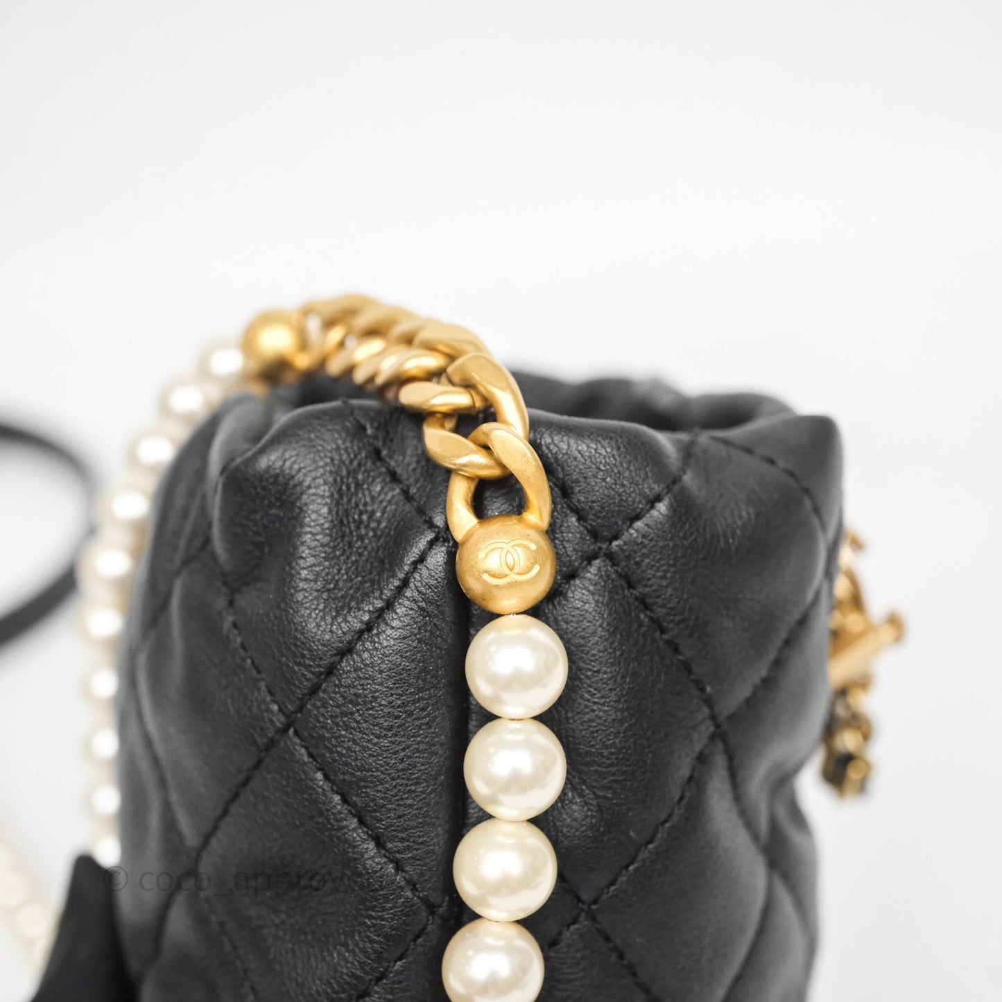 Chanel Quilted Pearl Mini About Pearls Drawstring Bucket Bag Black Calfskin