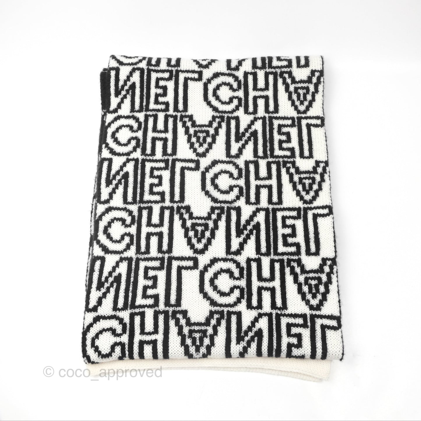 Chanel Logo CC Scarf Black & White Cashmere Wool Silk