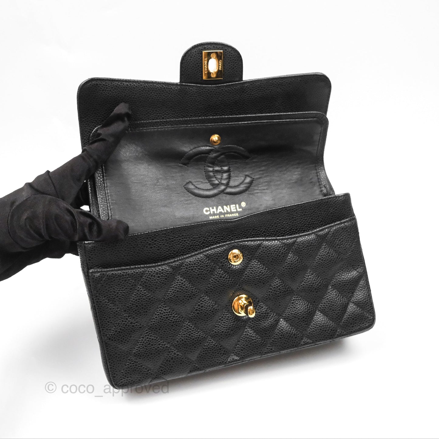 Chanel Small Quilted Classic Flap Black Caviar 24K Gold Hardware