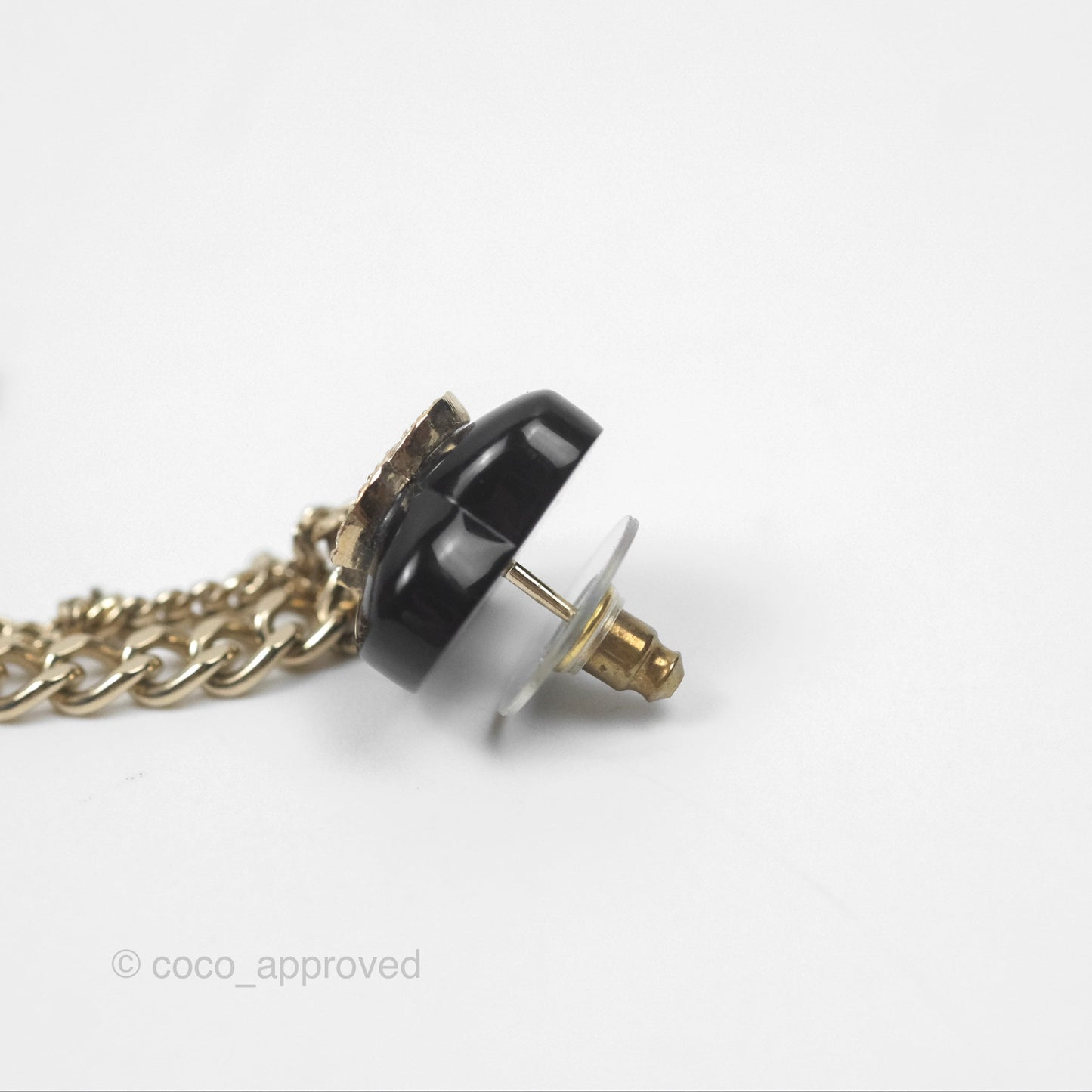 Chanel Crystal CC Black Heart Chain Drop Earrings Gold Tone 22B
