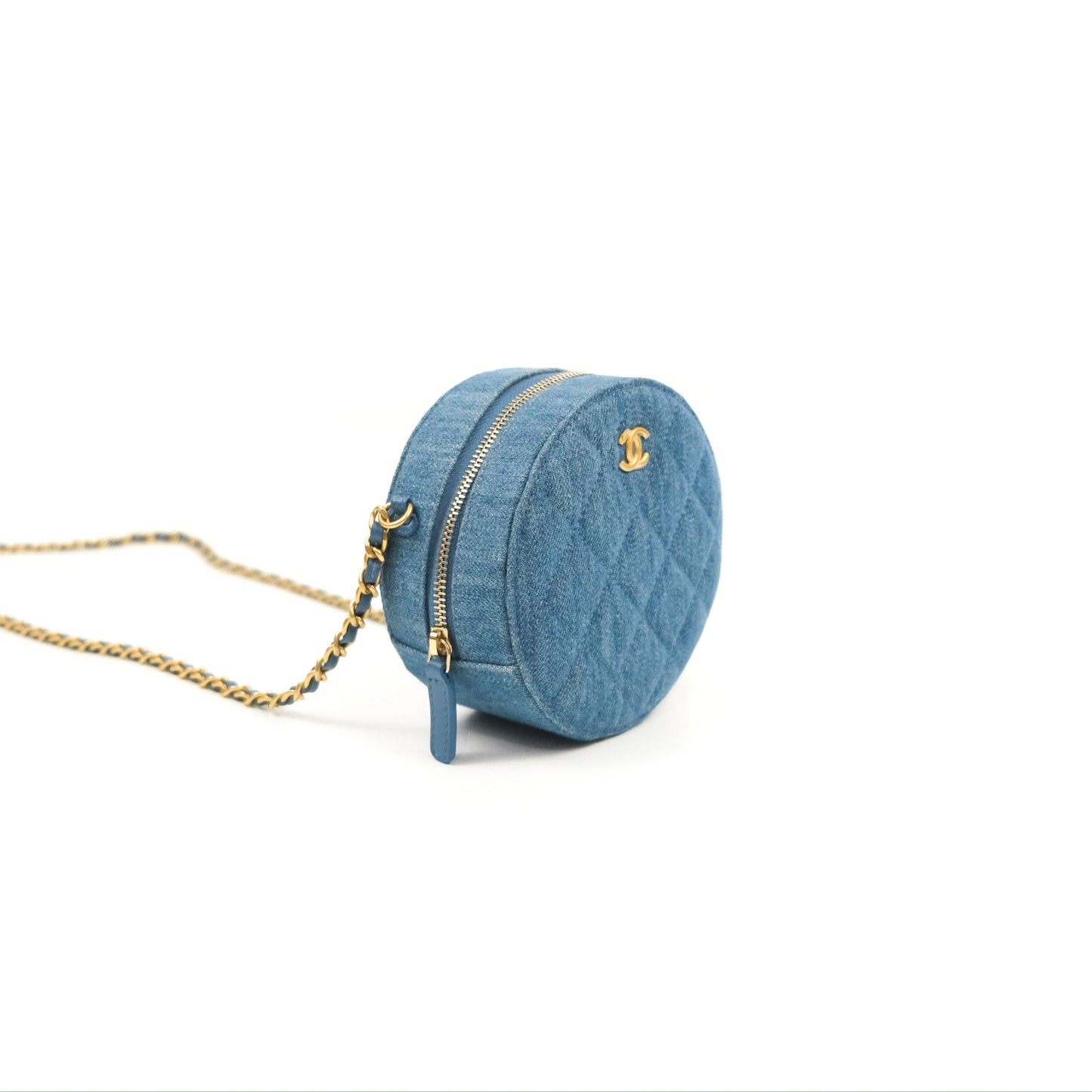 Chanel Quilted Pearl Crush Round Clutch With Chain Denim Aged Gold Hardware