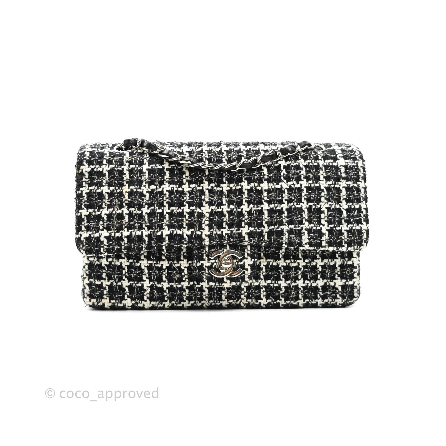 Chanel Classic M/L Medium Quilted Double Flap Bag Lambskin Tweed Black & White Silver Hardware