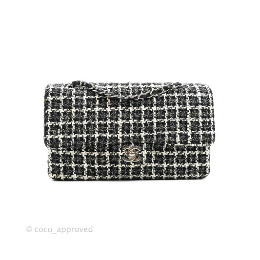 Chanel Classic M/L Medium Quilted Double Flap Bag Lambskin Tweed Black & White Silver Hardware