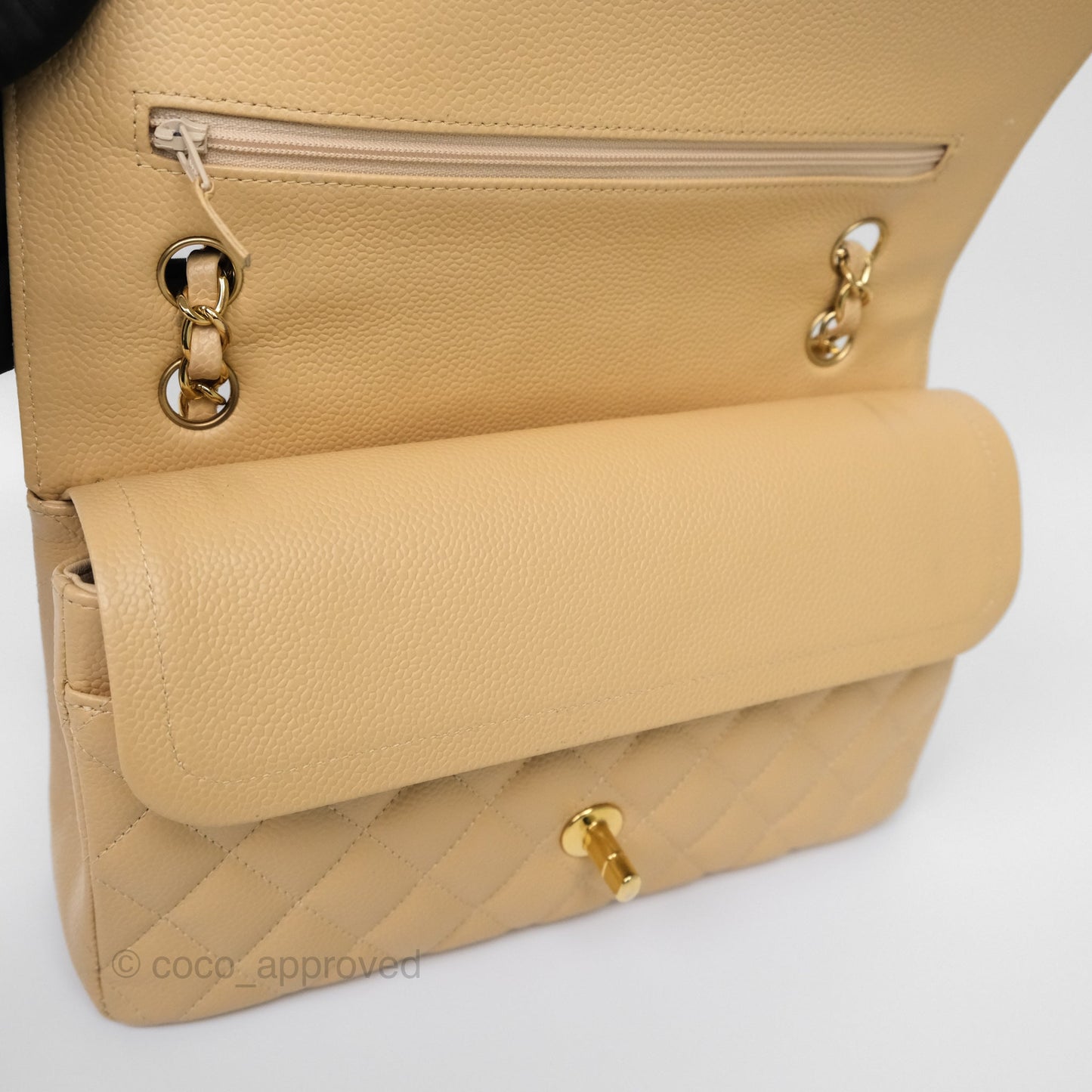 Chanel M/L Medium Classic Flap Quilted Beige Caviar Gold Hardware