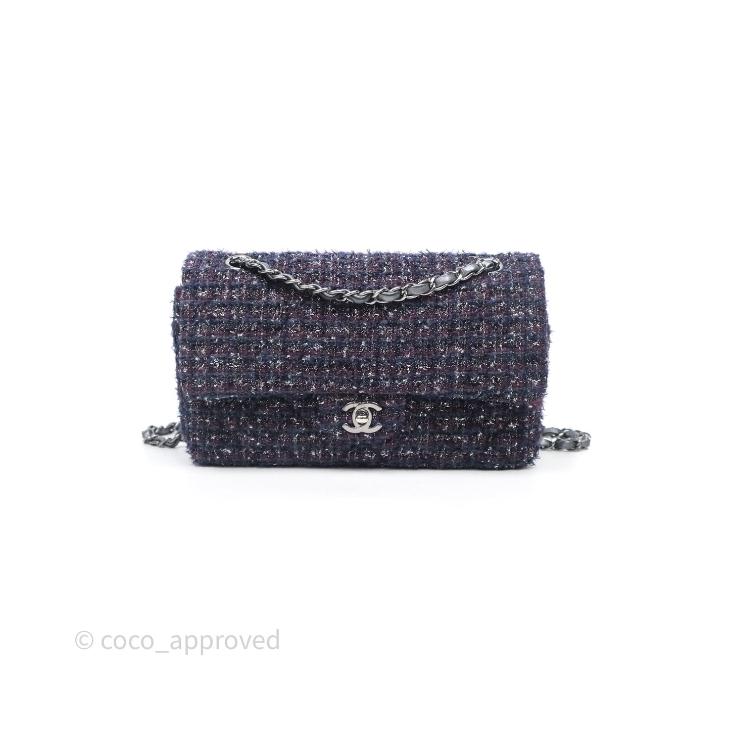 Chanel Classic M/L Medium Double Flap Purple Tweed Glitter Gun Metal