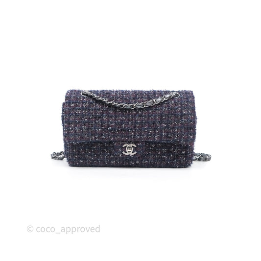 Chanel Classic M/L Medium Double Flap Purple Tweed Glitter Gun Metal