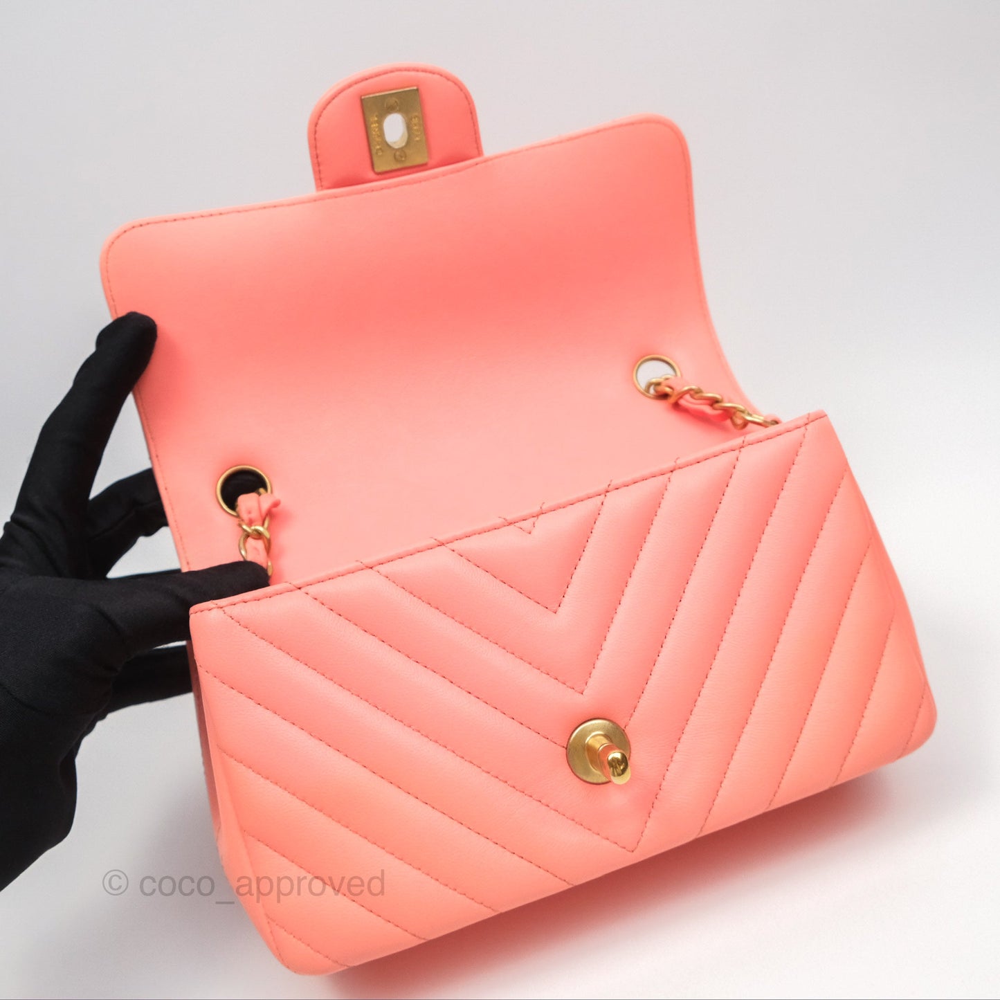 Chanel Chevron Mini Rectangular Flap Peach Pink Lambskin Aged Gold Hardware