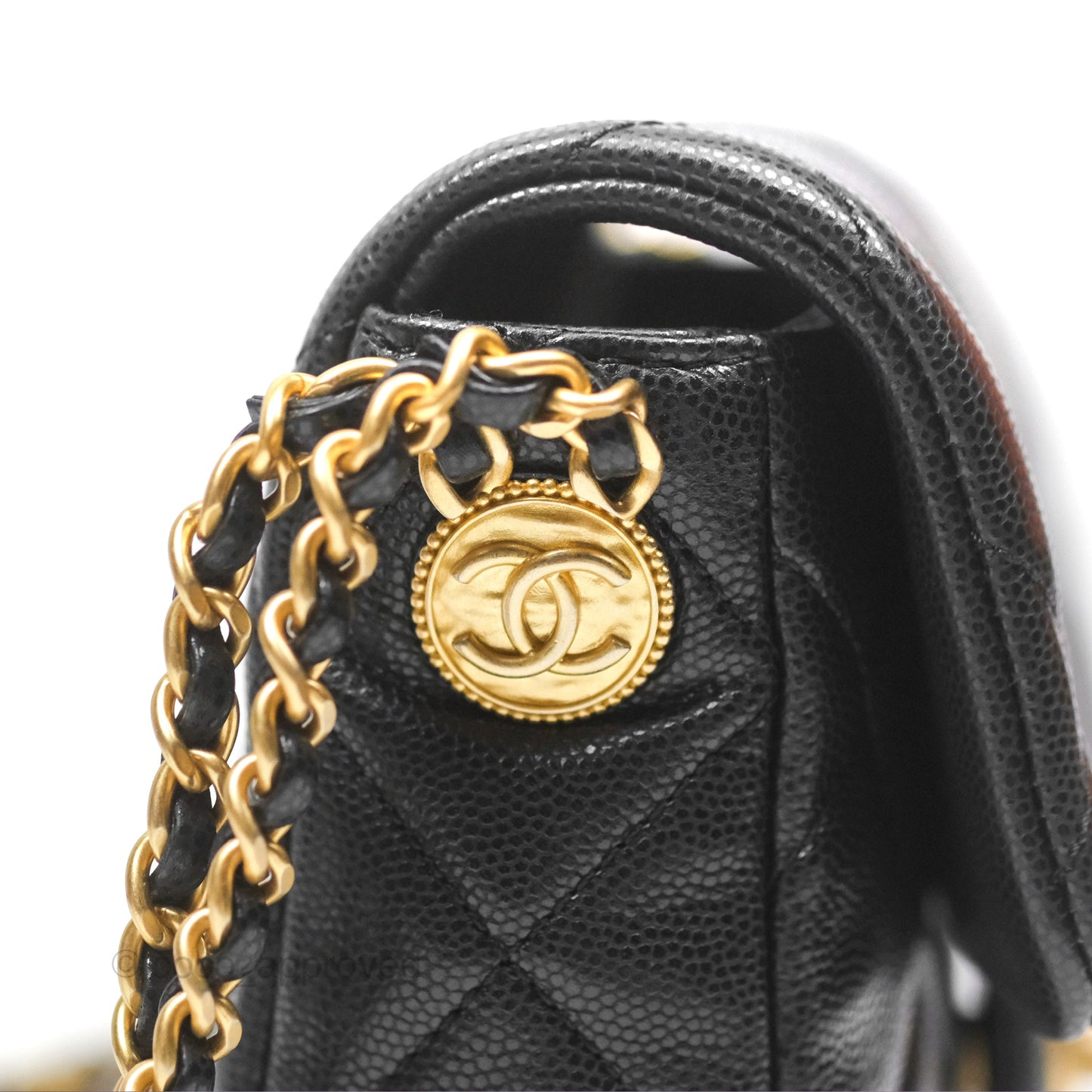 Chanel Mini Flap with Coin Charm Black Caviar Aged Gold Hardware 22A