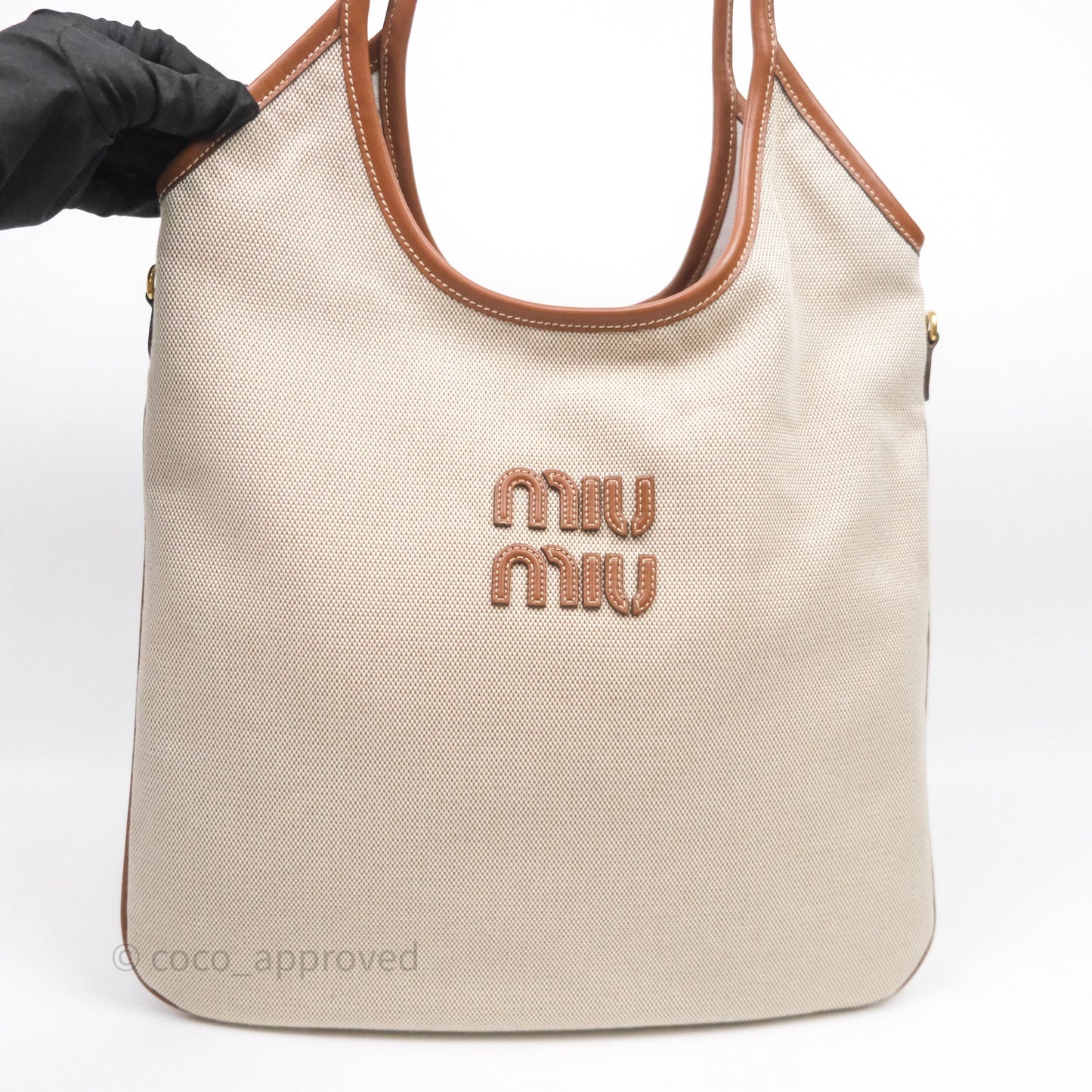 Miu Miu Ivy Tote Bag Canvas Beige/Brandy