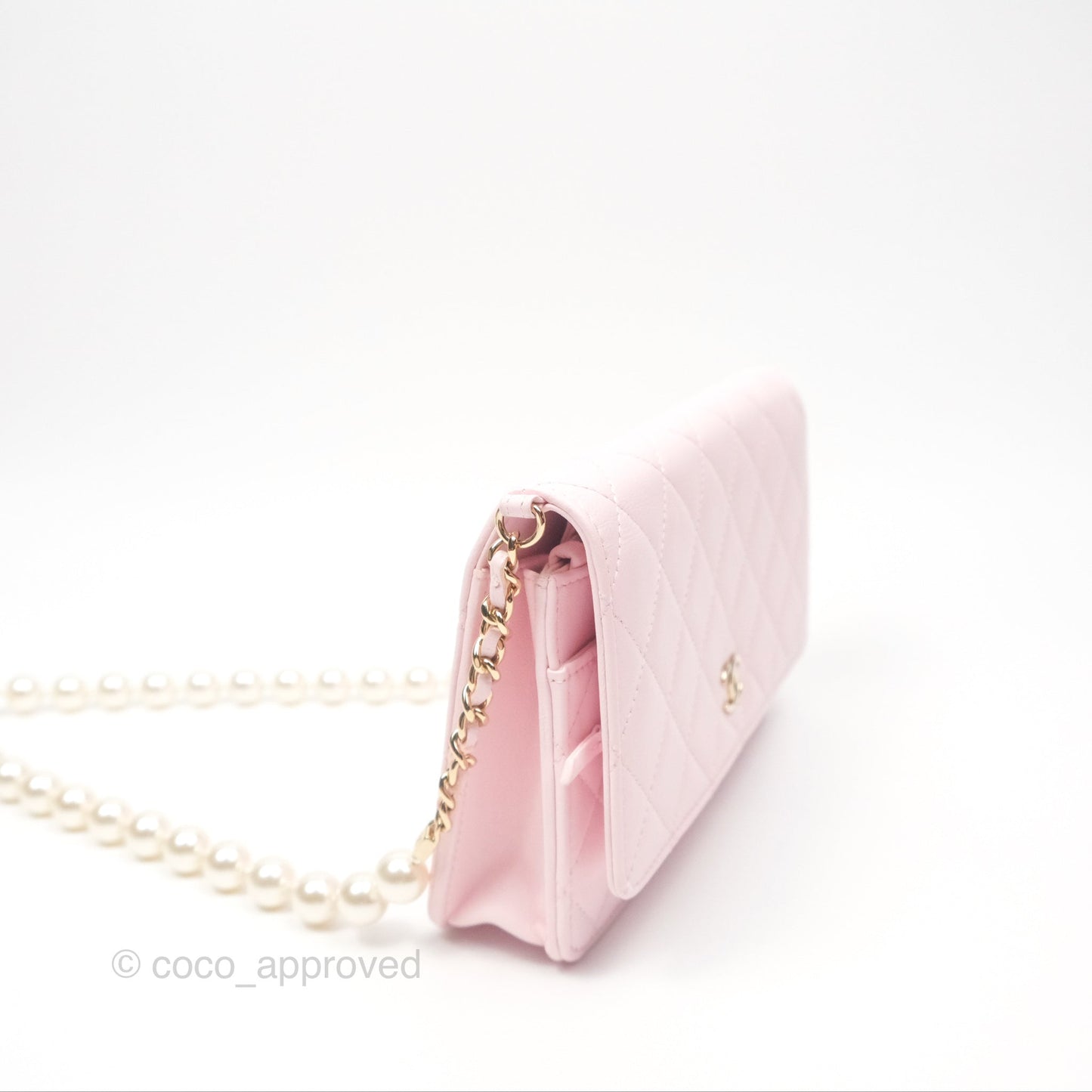 Chanel Wallet On Chain WOC Pearl Chain Iridescent Light Pink Lambskin Gold Hardware
