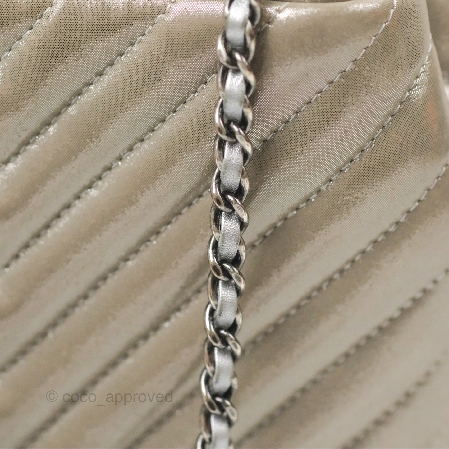 Chanel Small Urban Spirit Drawstring Bag Chevron Iridescent Silver Calfskin