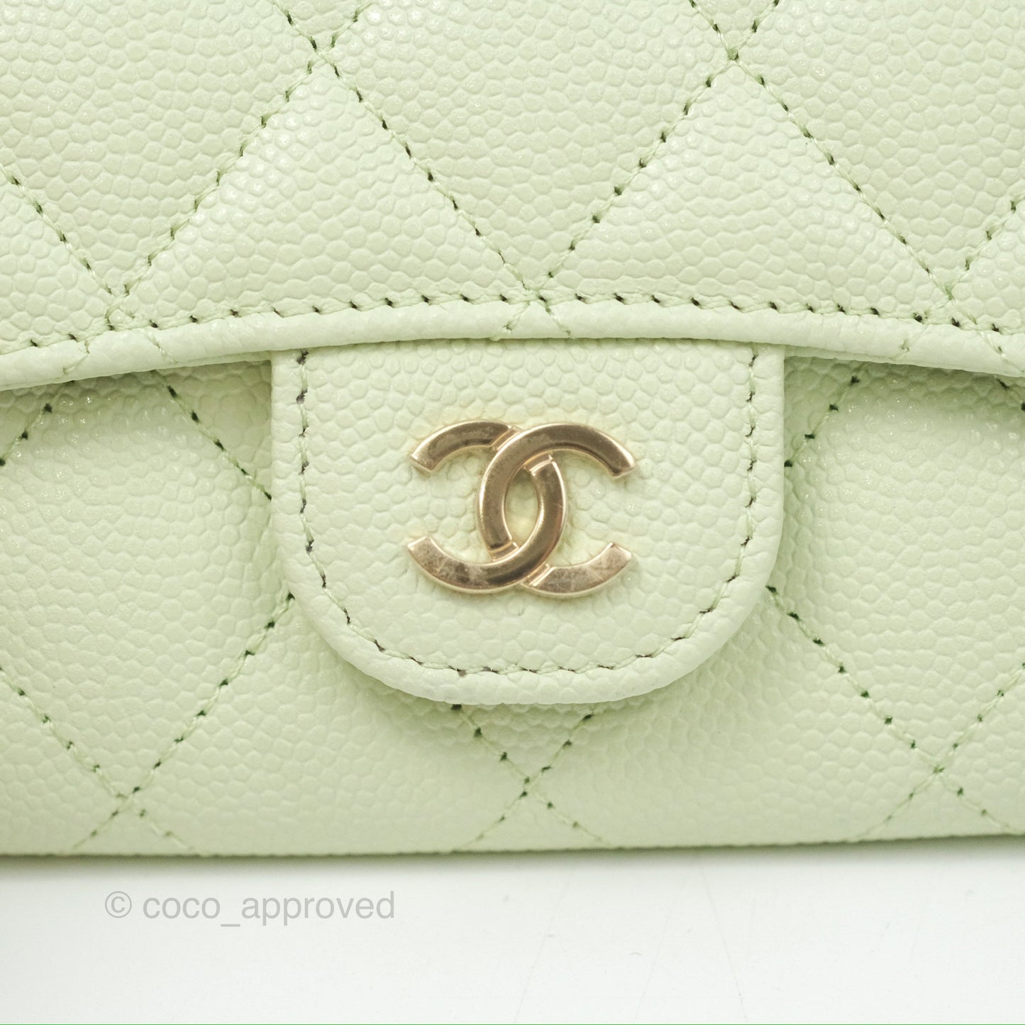 Chanel Quilted Flap Card Holder Light Green Caviar Gold Hardware