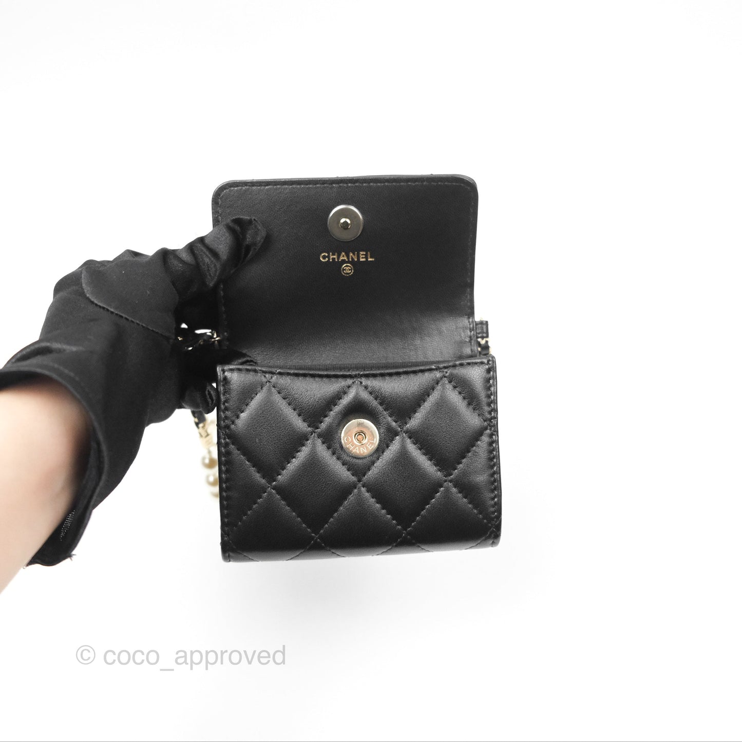 Chanel Mini Clutch With Pearl Chain Black Lambskin Gold Hardware