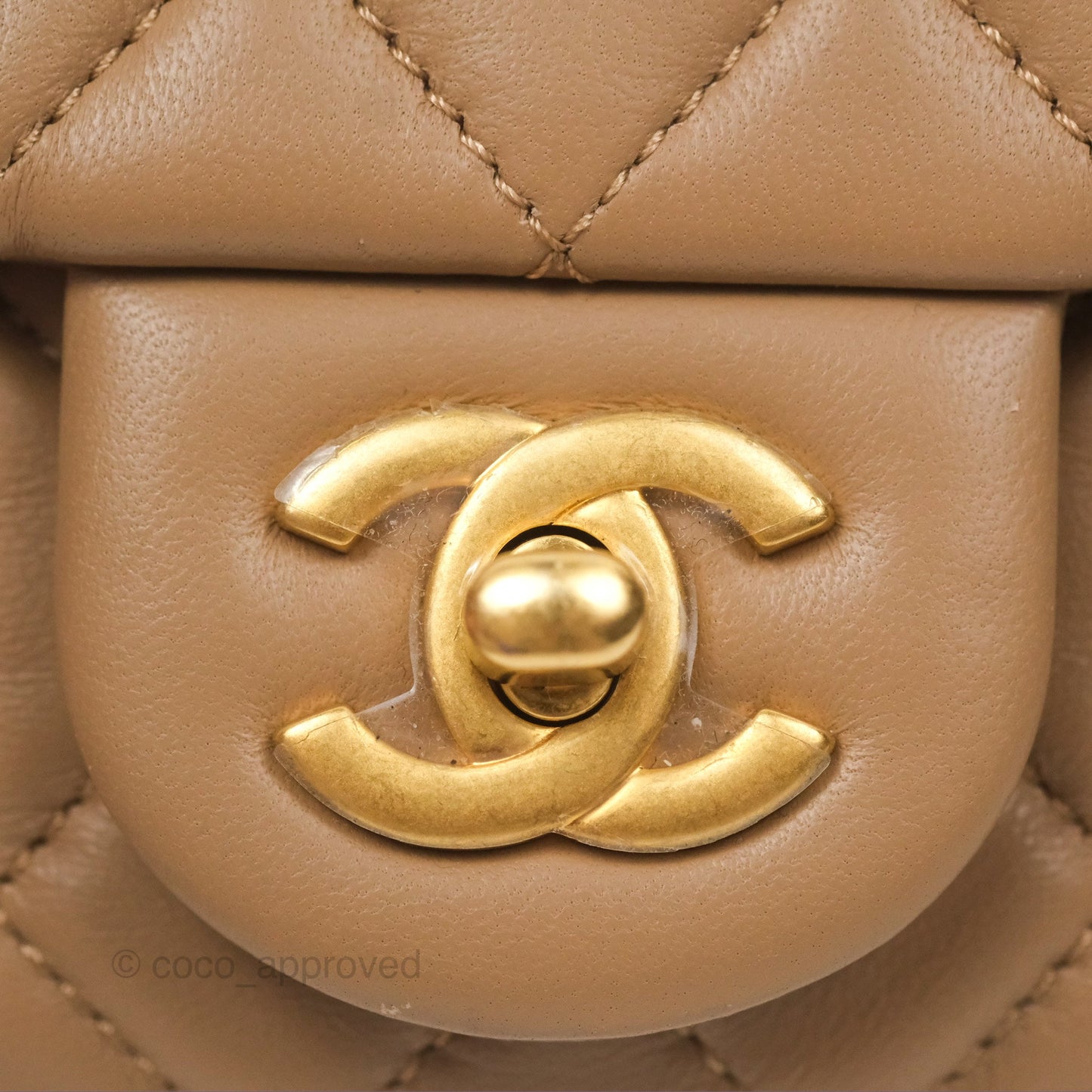Chanel Mini Rectangular Pearl Crush Quilted Beige Lambskin Aged Gold Hardware