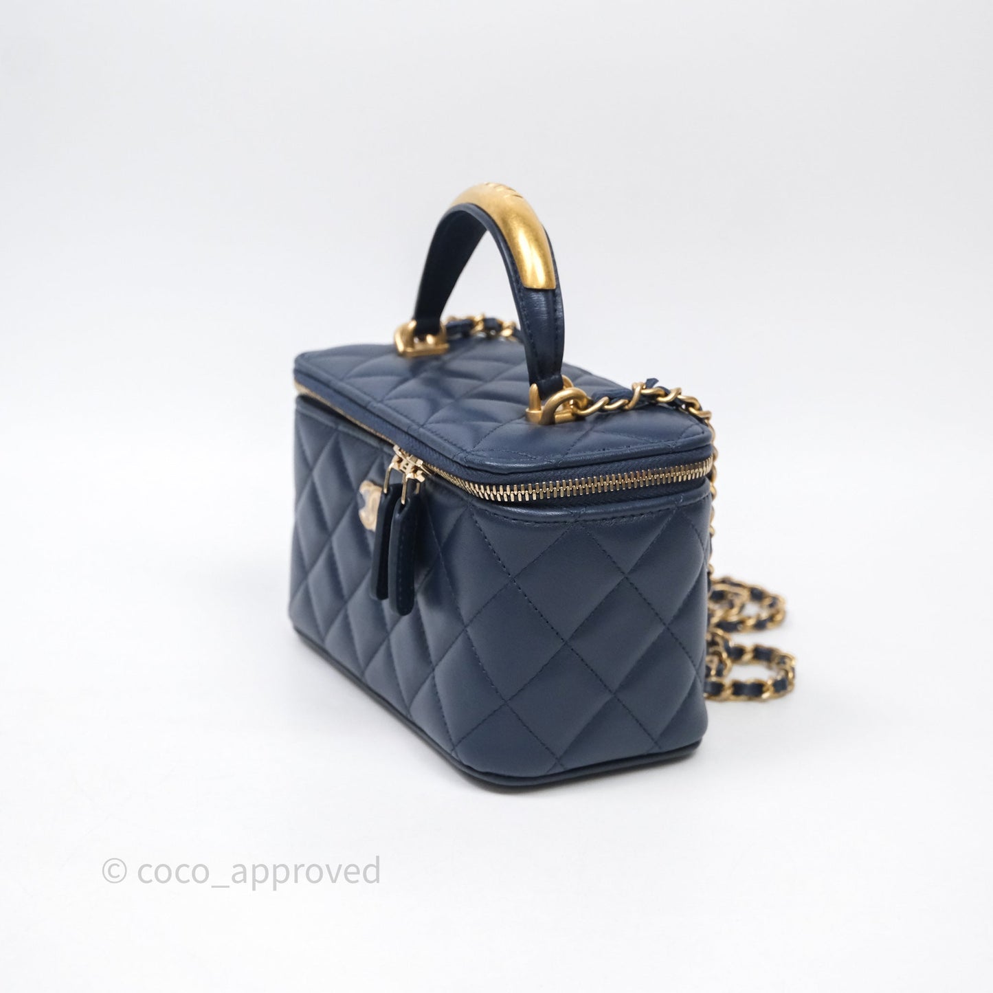 Chanel Vanity Rectangular Metal Top Handle Navy Lambskin Aged Gold Hardware