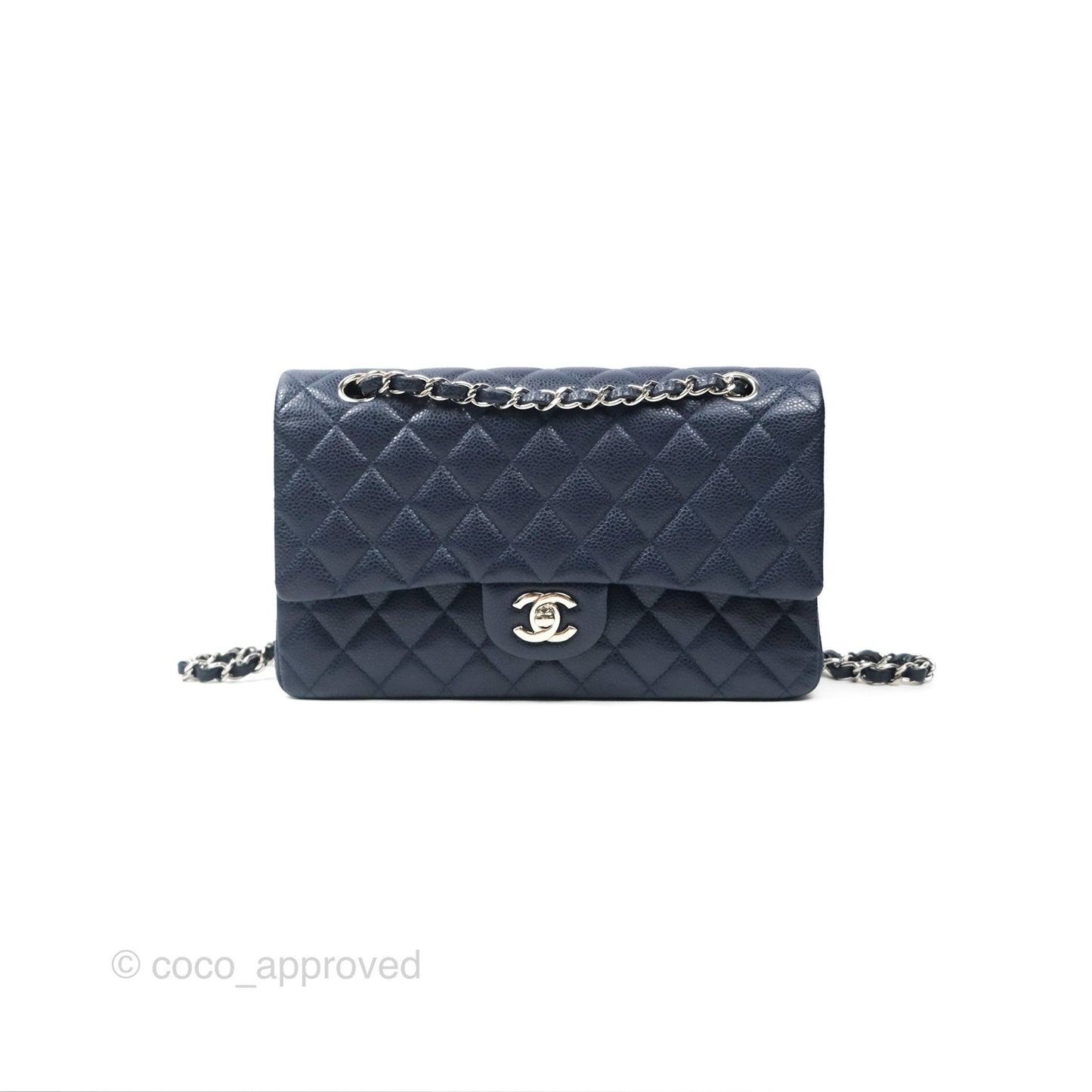 Chanel Classic M/L Medium Flap Quilted Navy Caviar Silver Hardware