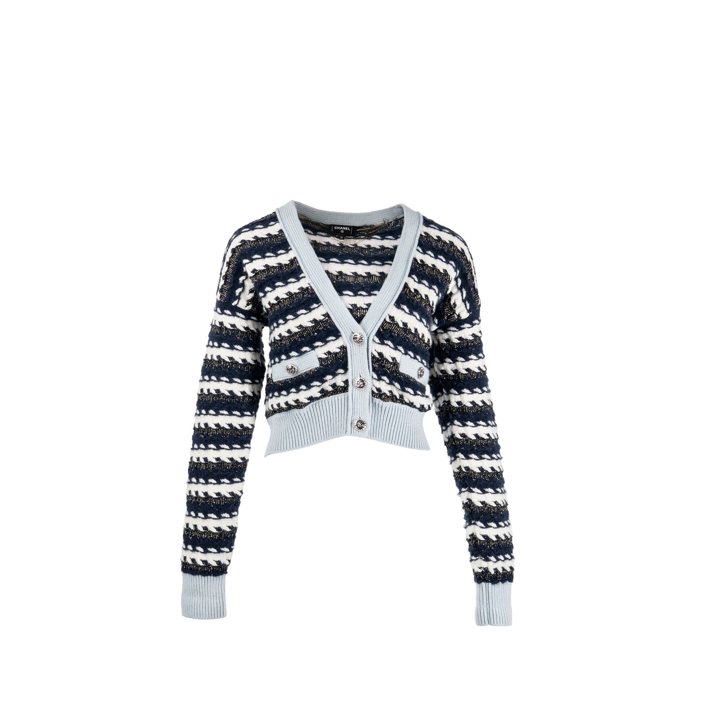 Chanel Size 36 Metal Coco Mark Button Stripe Cardigan Cashmere/Cotton Navy/Blanc/Light Blue SHW
