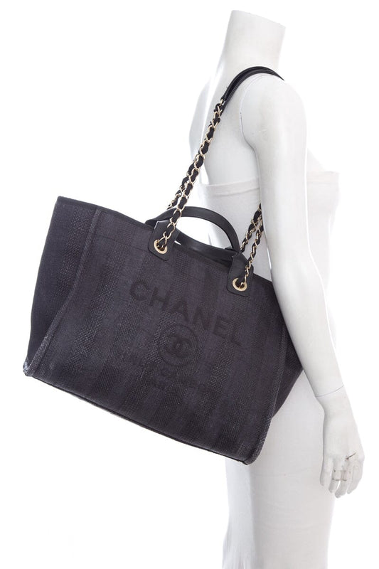 Luxury Chanel Chambray and Black Raffia Large Deauville Shopping Tote