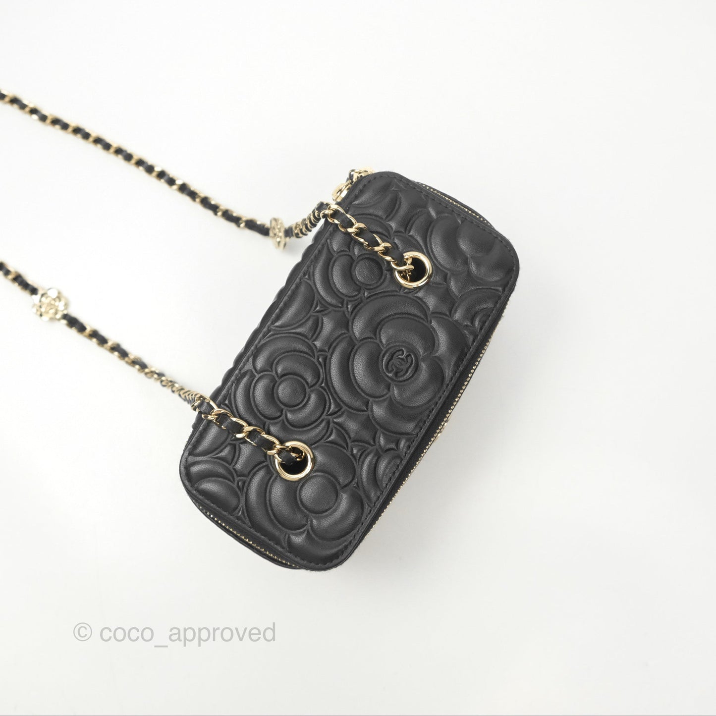 Chanel Vanity Rectangular Camellia Embossed Black Lambskin Gold Hardware 21S