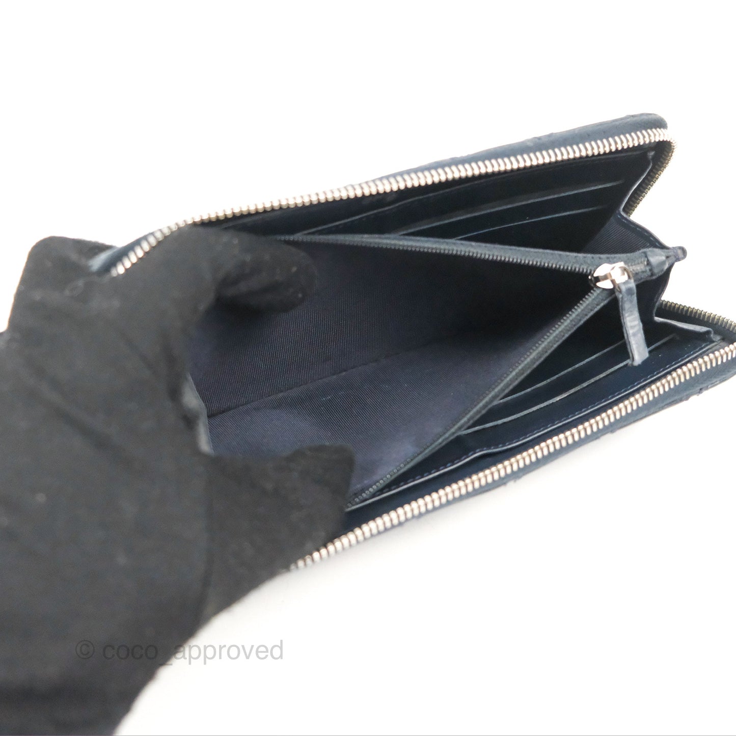 Chanel Quilted Zip Long Wallet Navy Lambskin Silver Hardware
