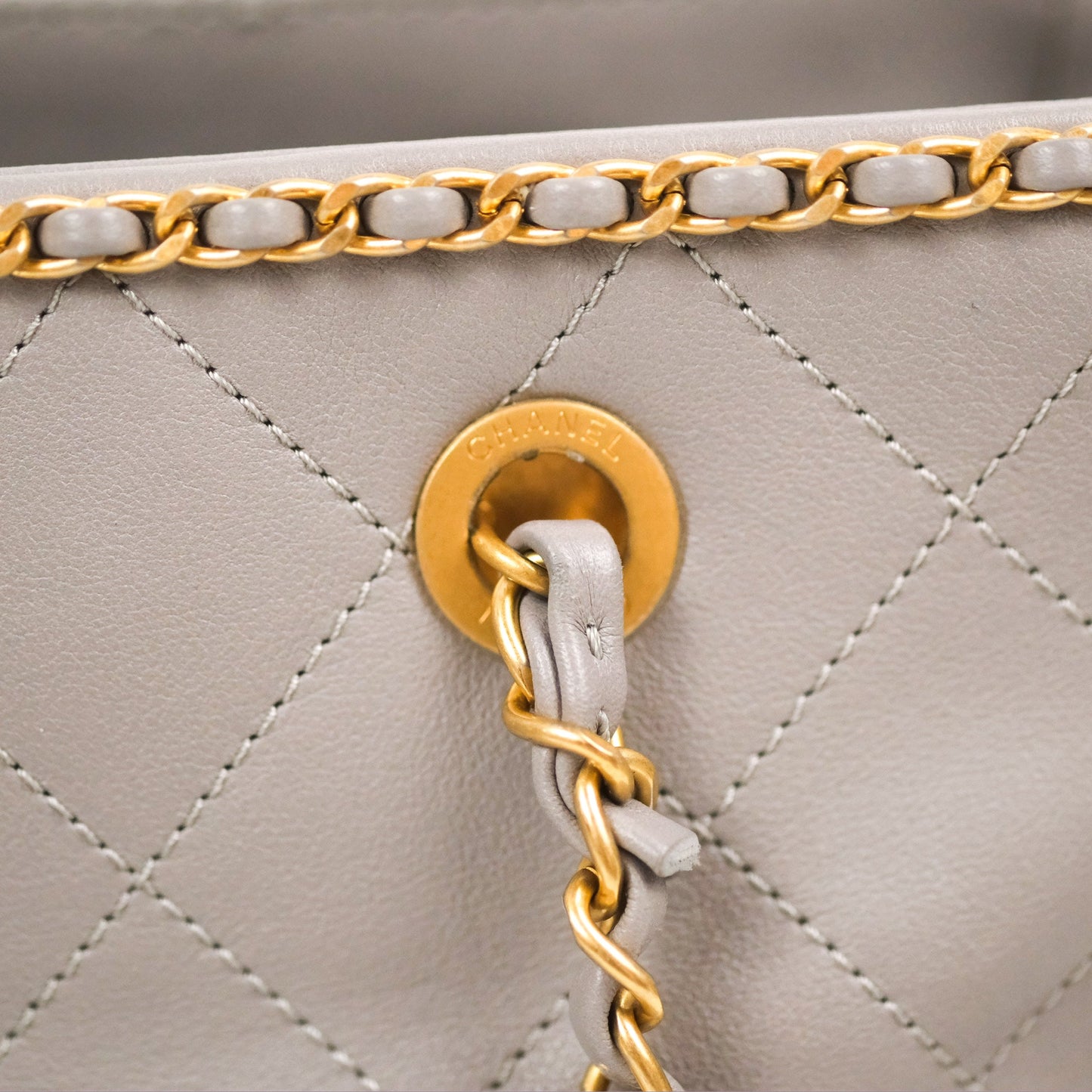 Chanel Small Chain Around Shopping Tote Grey Calfskin Aged Gold Hardware