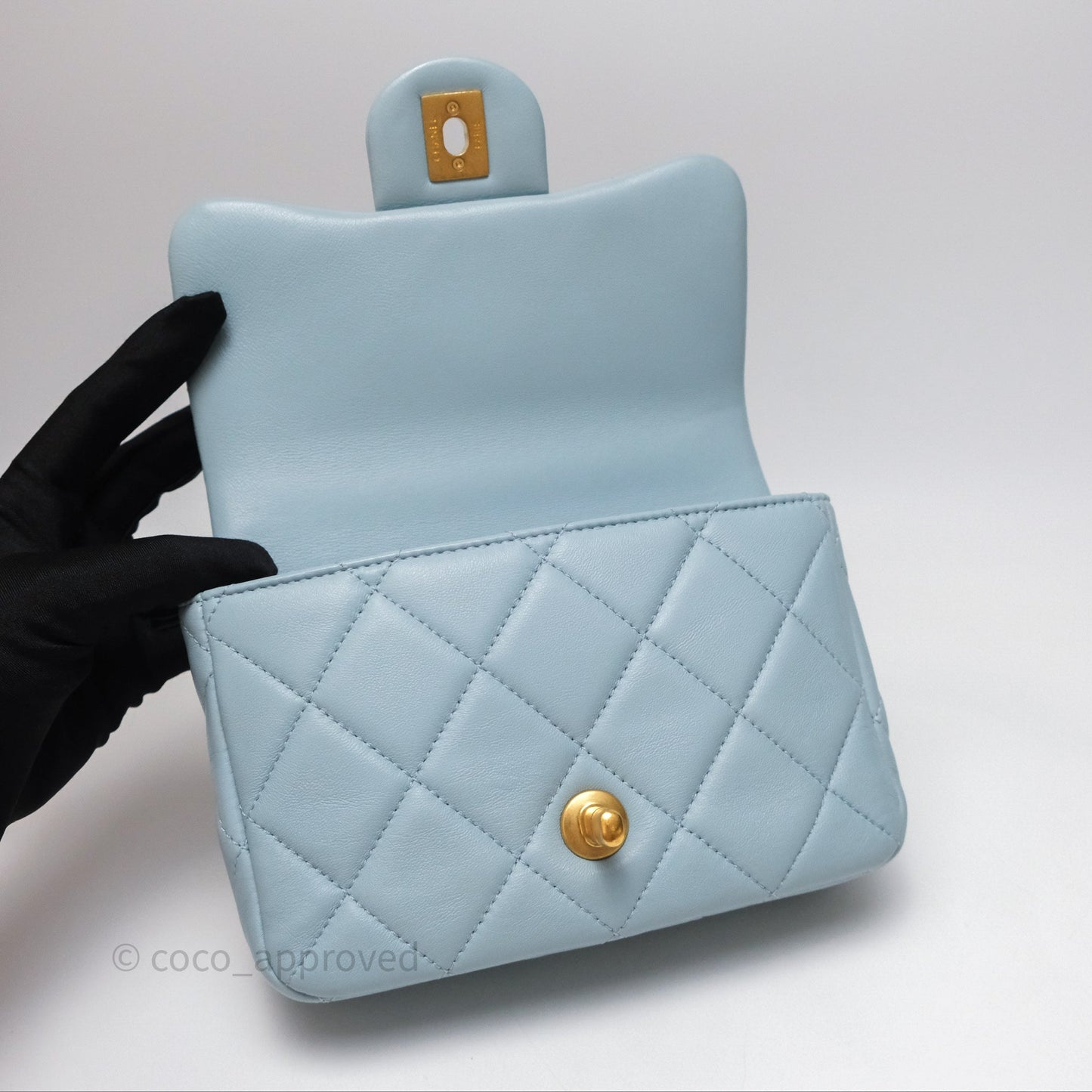 Chanel Quilted Enamel Pending CC Mini Square Flap Baby Blue Lambskin 22P