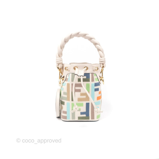 Fendi Mini Mon Tresor Bucket Bag In FF Canvas Grezzo Multicolor Latte Gold Hardware