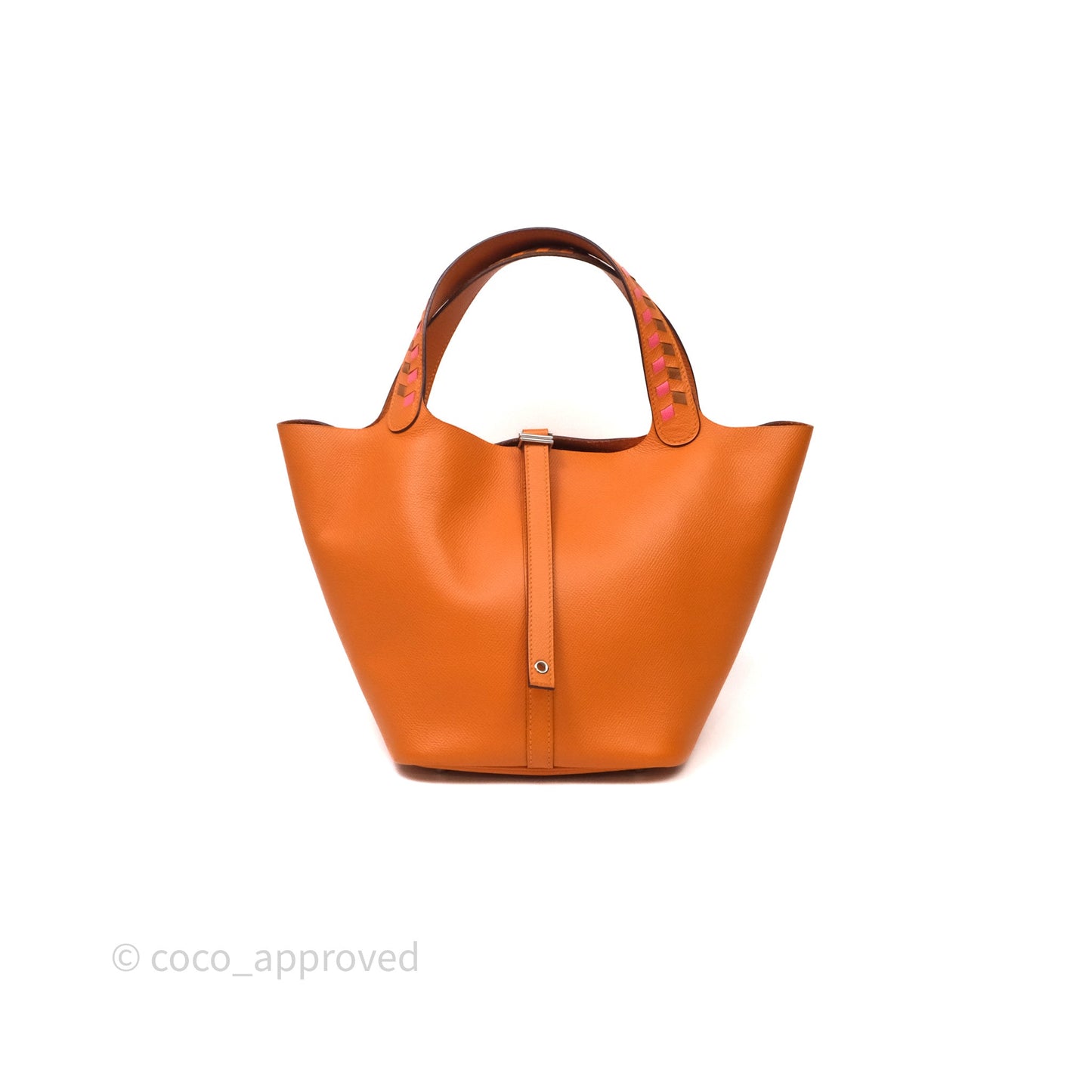 Hermès Tressage De Cuir Picotin Lock 22 Abricot I9/ Rose Azalée 8W/ Gold 37 Epsom Palladium Hardware