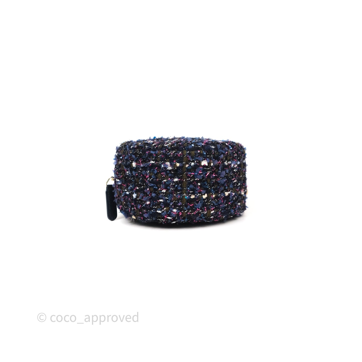 Chanel Charms Round Clutch With Chain Navy Purple Tweed Aged Gold Hardware
