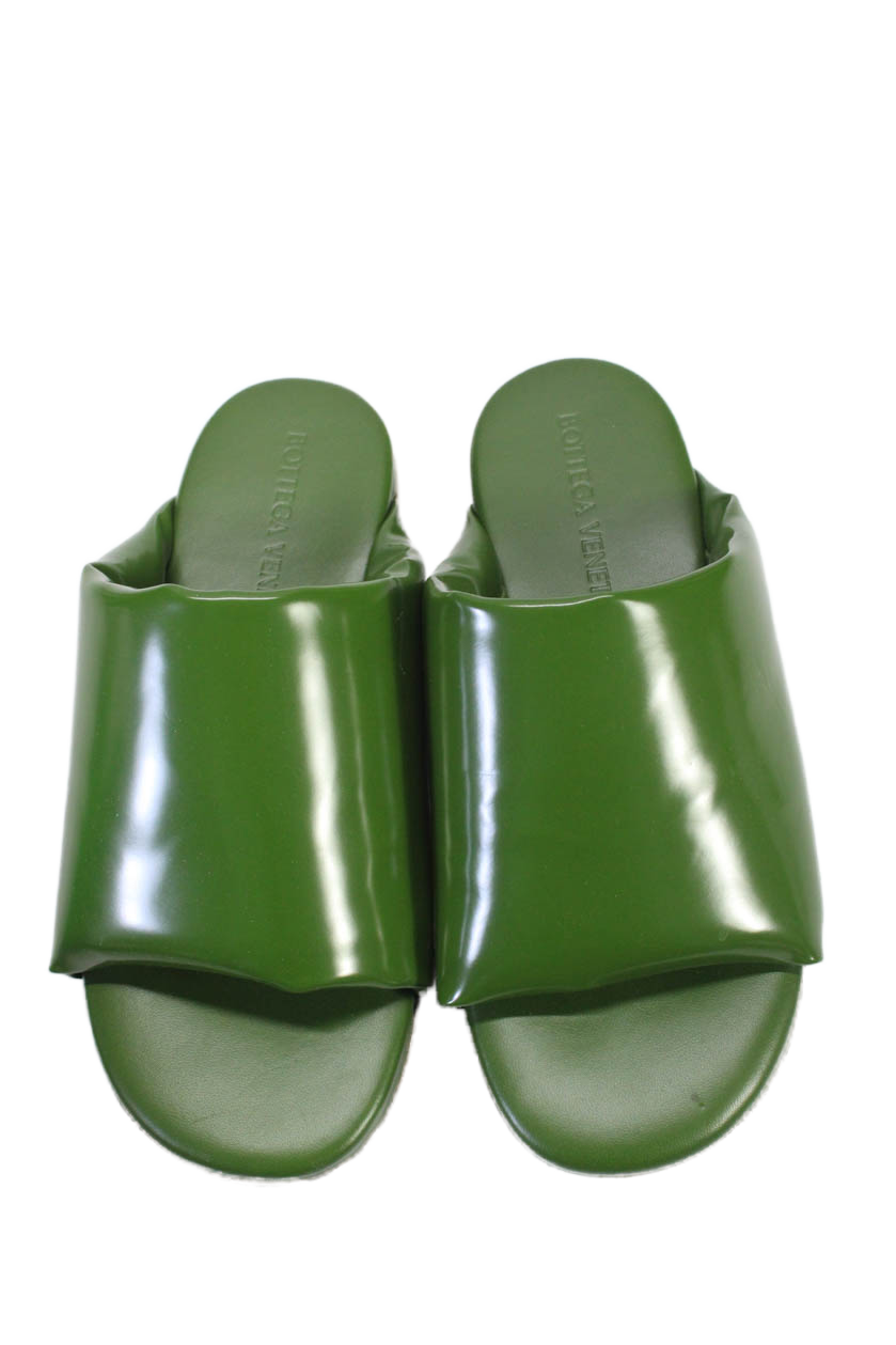 Luxury Bottega Veneta Womens Single Strap Patent Leather Slide Sandals Green