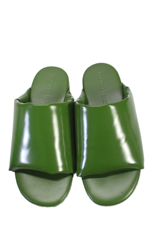 Luxury Bottega Veneta Womens Single Strap Patent Leather Slide Sandals Green