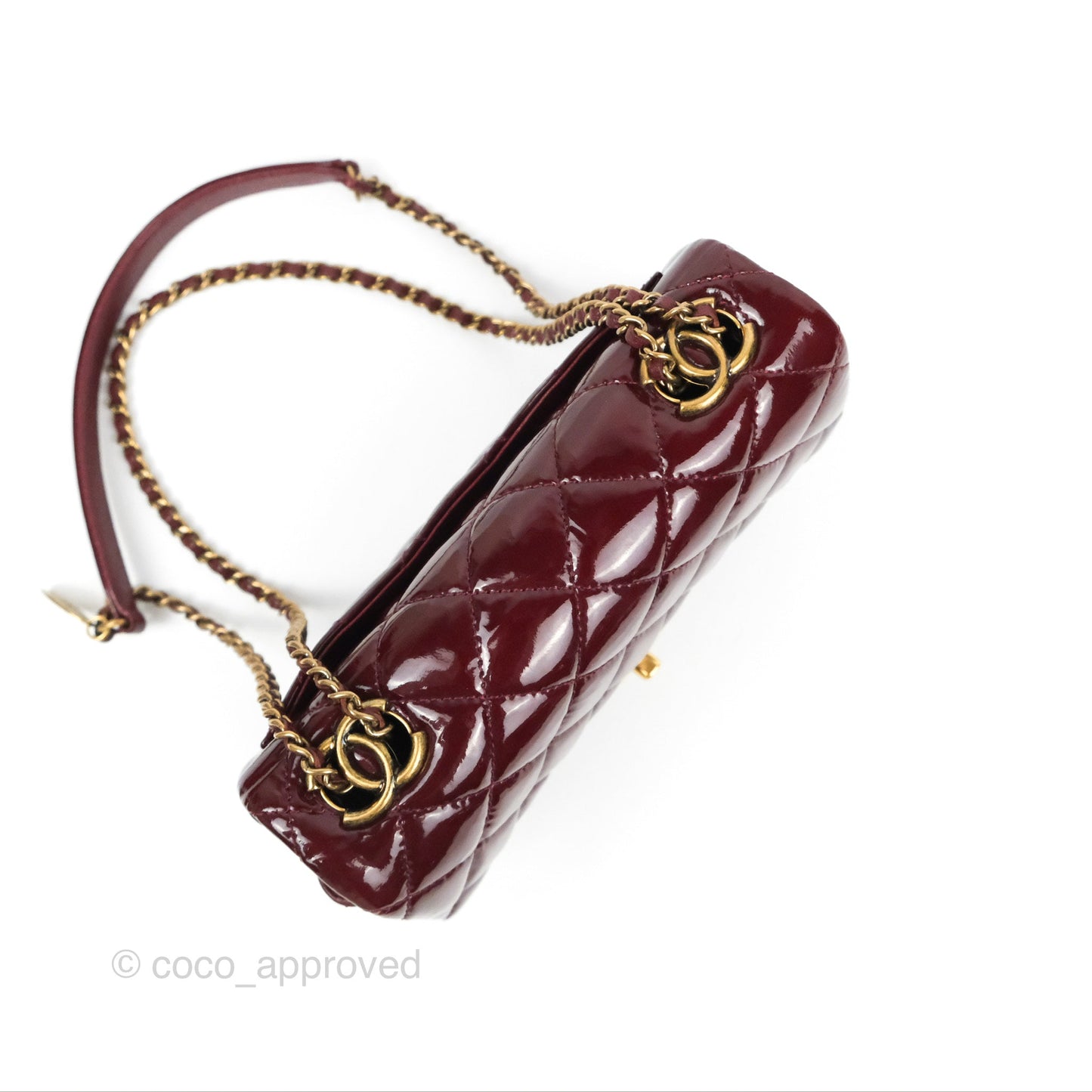 Chanel Quilted CC Eyelet Flap Burgundy Patent Goatskin Antique Gold Hardware
