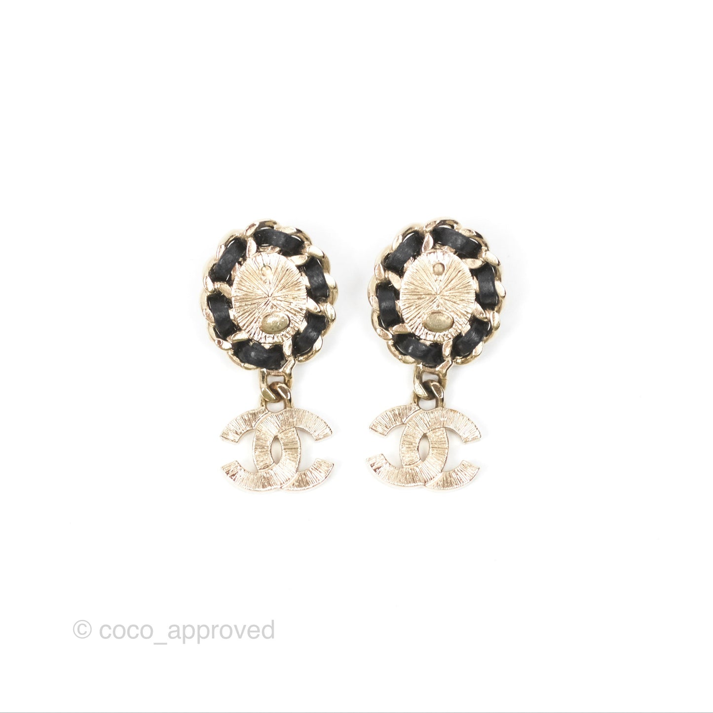 Chanel Oval Pearl Braided Black Leather Drop Crystal CC Earrings Gold Tone 21B
