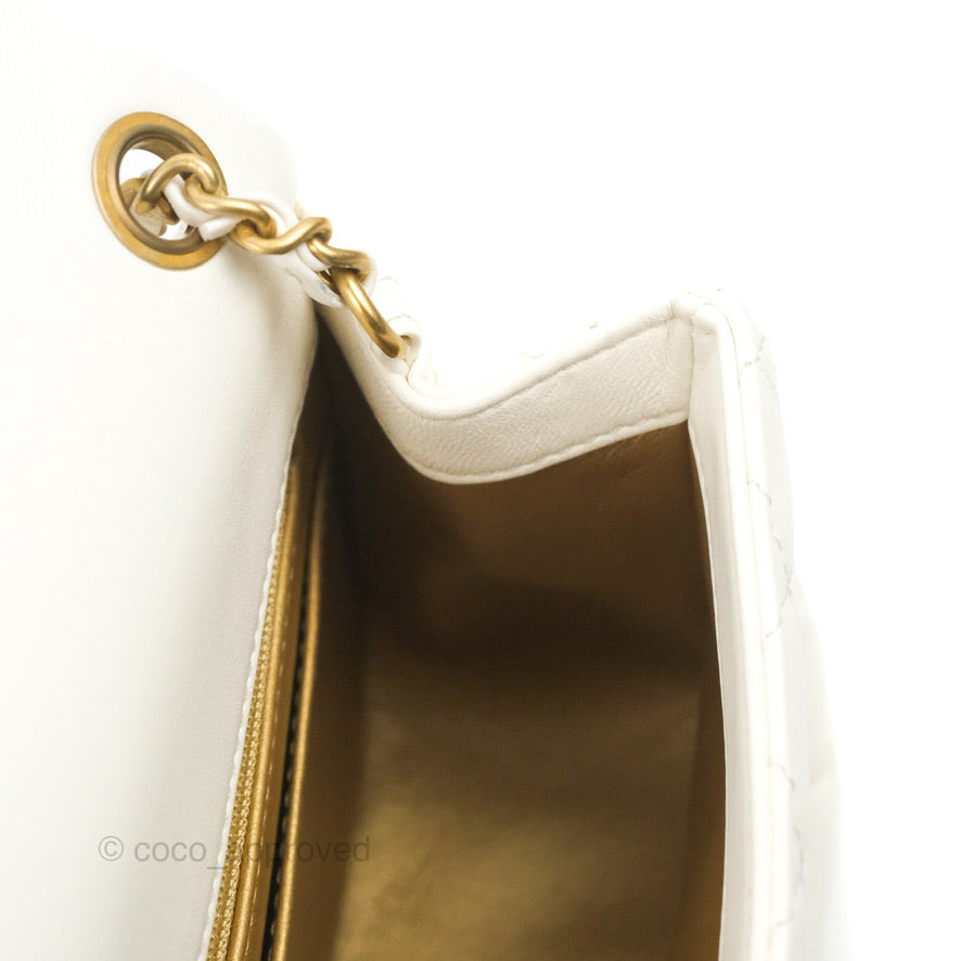 Chanel Mini Square Pearl Crush Quilted White Lambskin Aged Gold Hardware