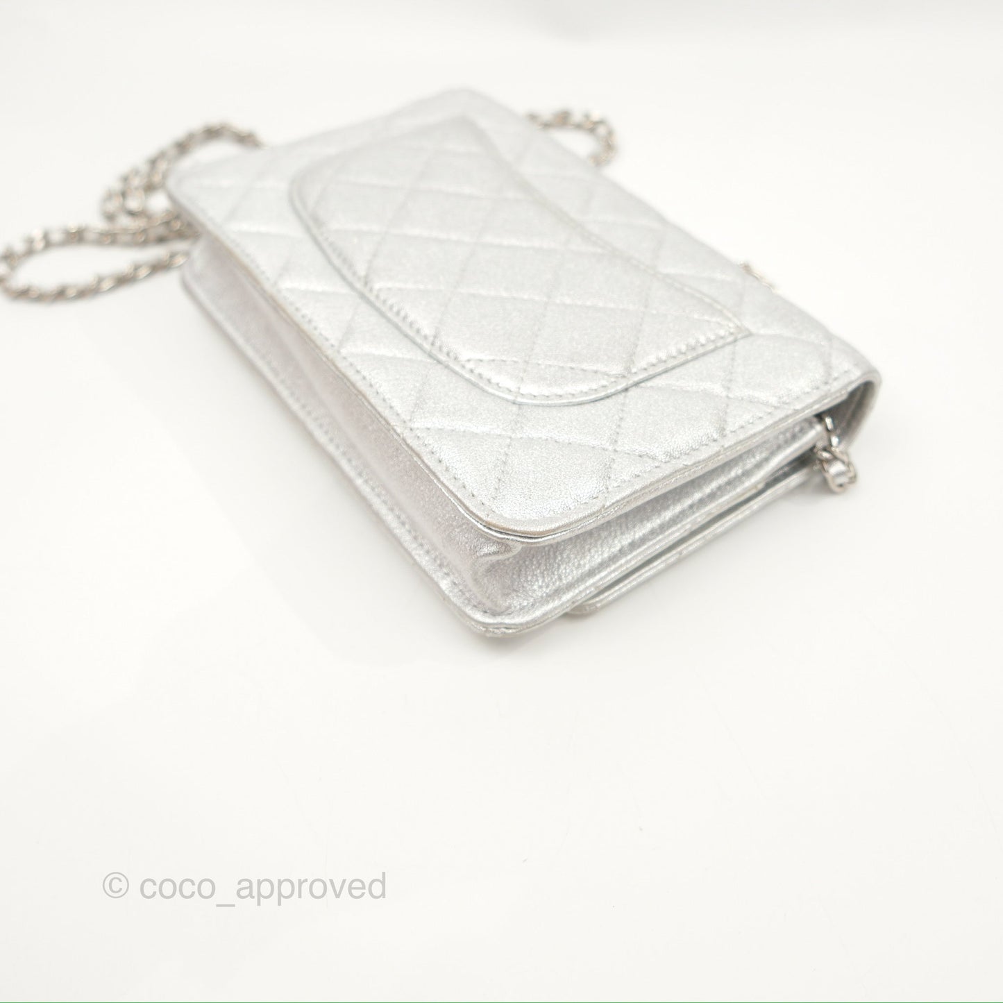 Chanel Quilted Wallet on Chain WOC Iridescent Silver Grained Lambskin Silver Hardware