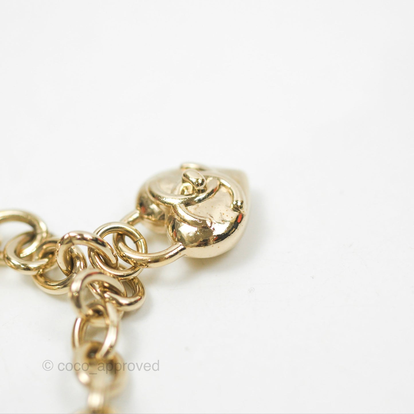 Chanel CC Heart Padlock Charms Chain Bracelet Gold Tone 22B