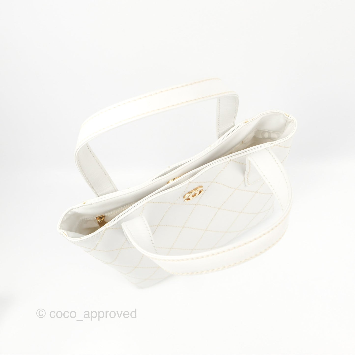 Chanel Vintage Quilted CC Tote Bag White Calfskin Gold Hardware