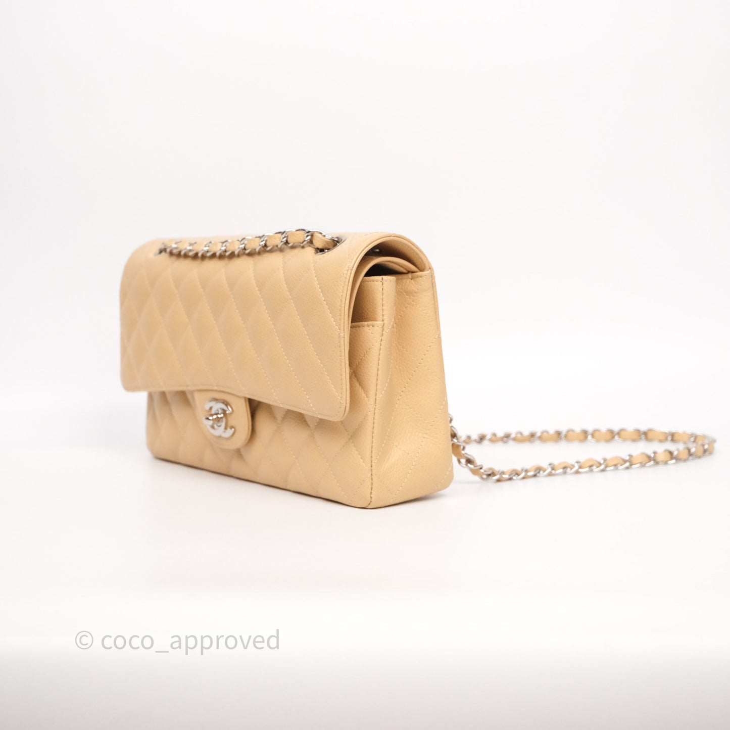 Chanel Classic M/L Medium Flap Quilted Beige Caviar Silver Hardware