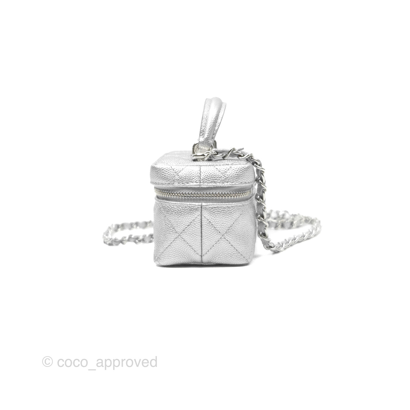 Chanel Quilted Mini Top Handle Vanity With Chain Metallic Silver Caviar Silver Hardware