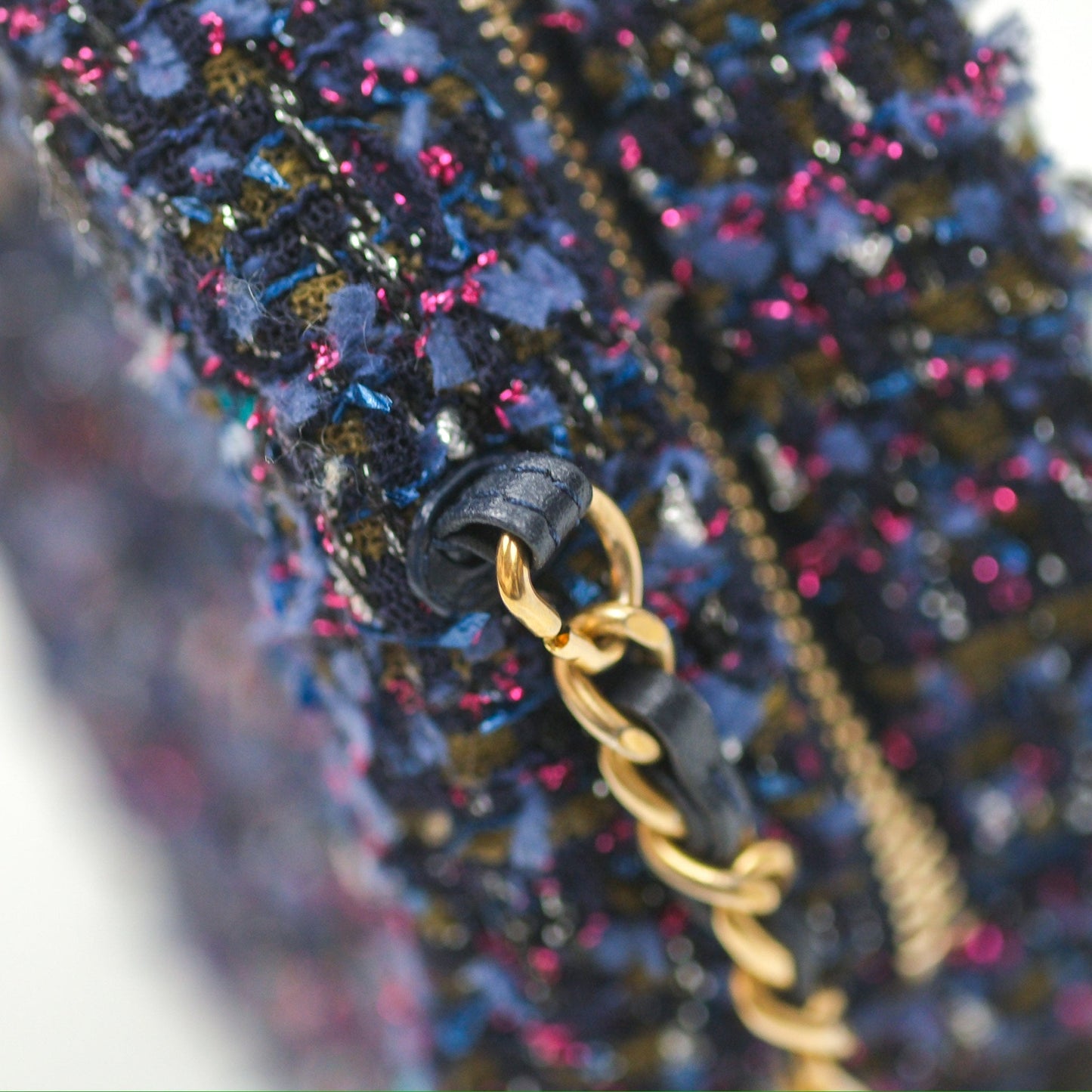 Chanel Classic Quilted Round Clutch With Chain Navy Tweed Gold Hardware