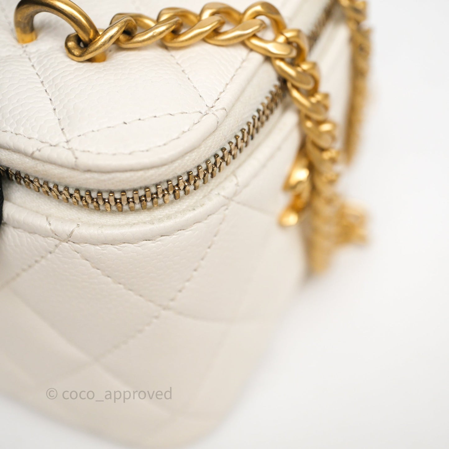 Chanel Heart Crush Mini Vanity With Chain White Caviar Aged Gold Hardware