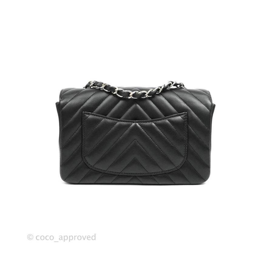 Chanel Chevron Mini Rectangular Flap Black Lambskin Silver Hardware