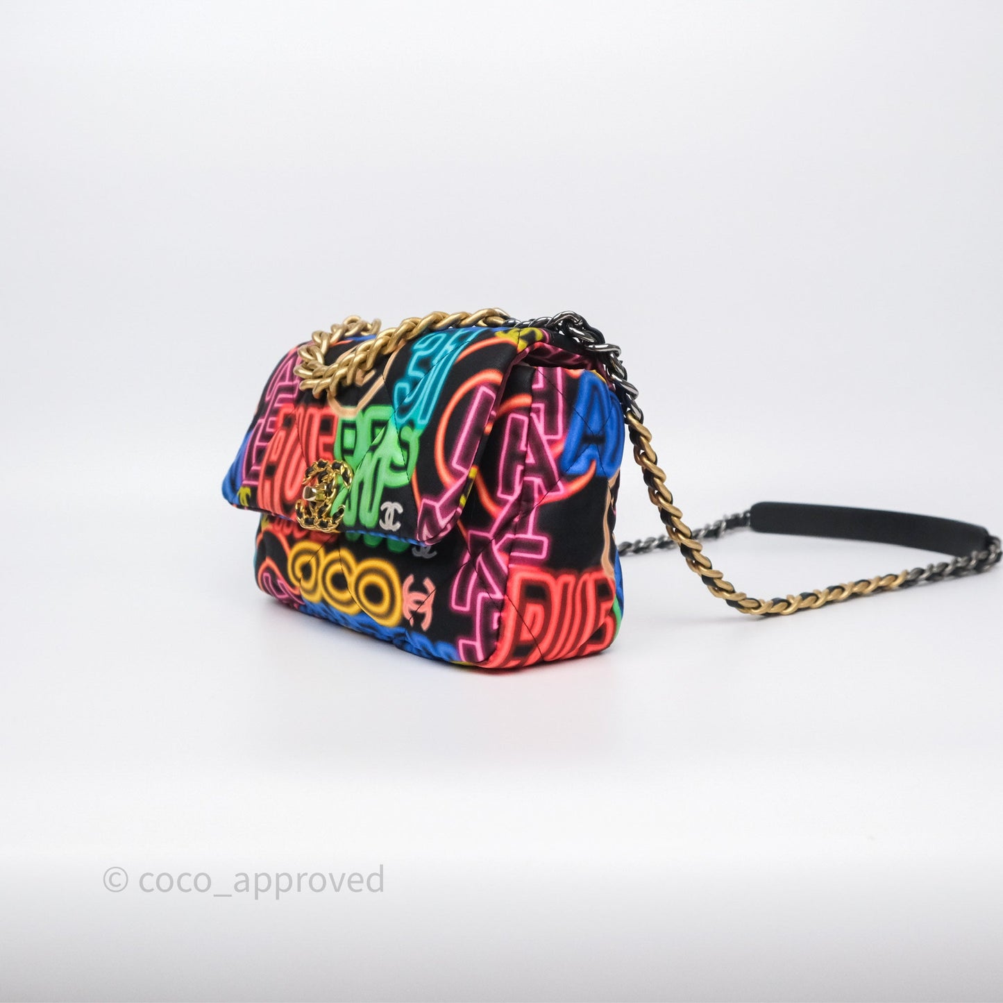 Chanel 19 Small Black Multicolor Fabric Printed Mixed Hardware
