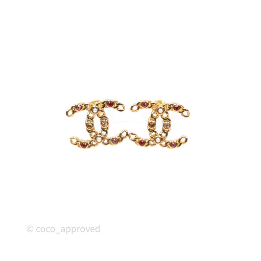 Chanel CC Crystal Pearl Earrings Gold Tone 21P